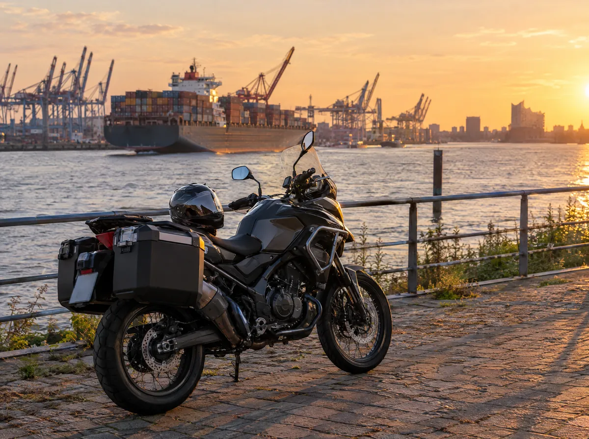 Reisemotorrad mit Helm auf dem Sitz an der Elbpromenade, dahinter Containerschiff und Kräne im Abendlicht