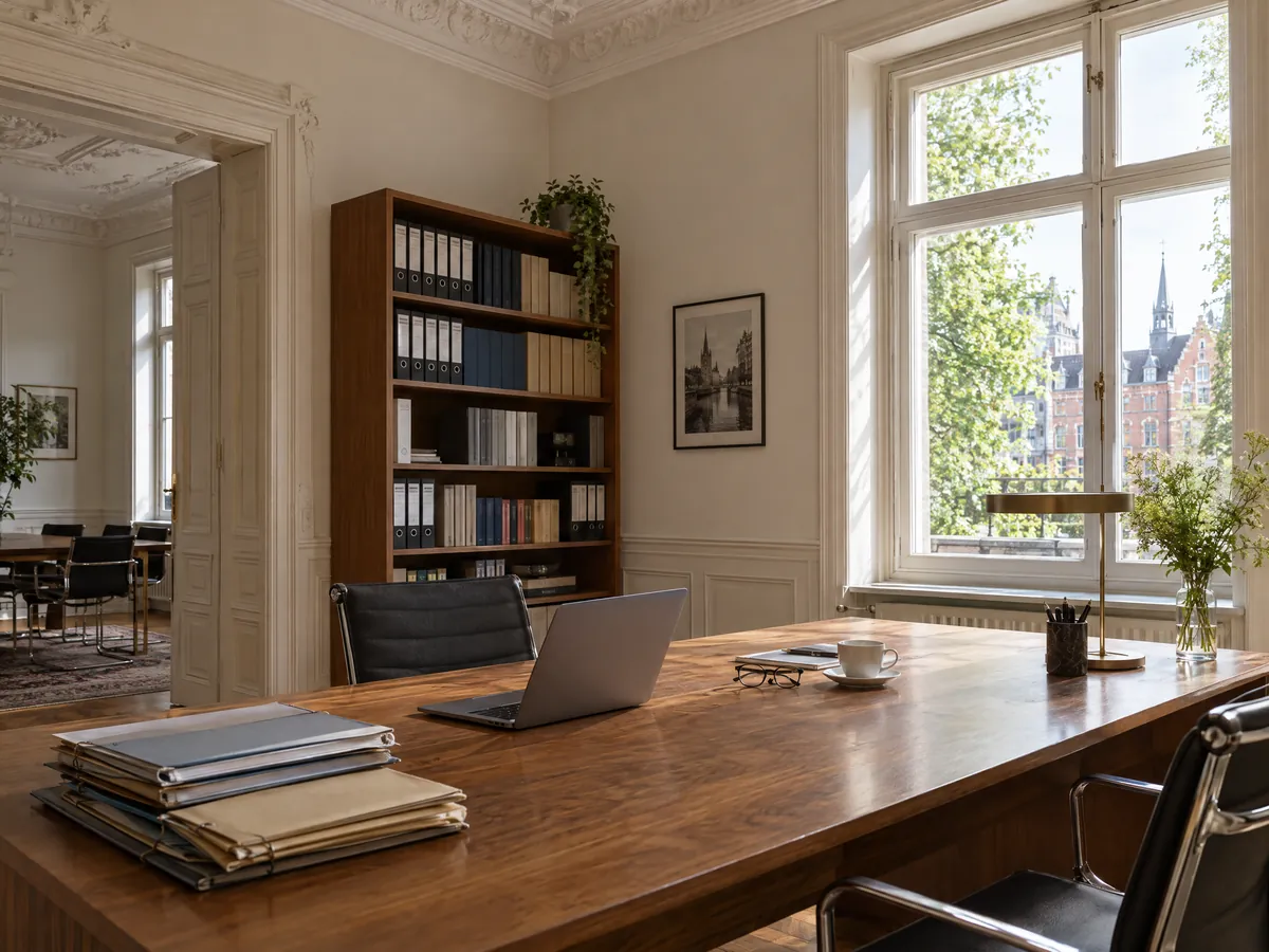 Ruhiges Büro im Hamburger Altbau mit Schreibtisch, Laptop, Aktenordnern und Blick auf Bäume und Klinkerfassaden
