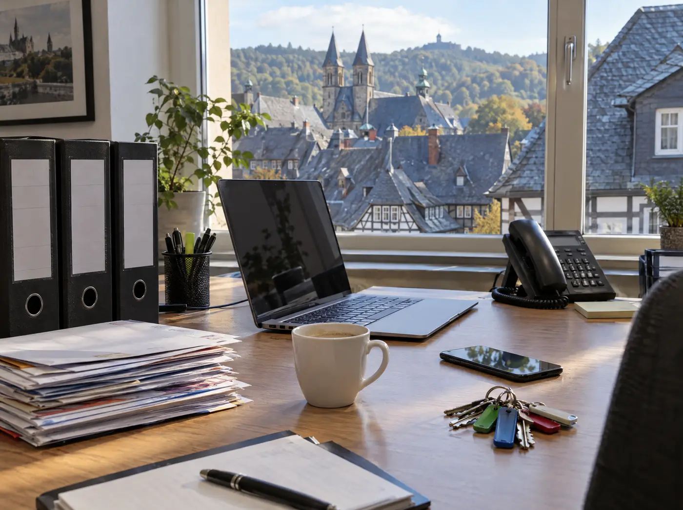 Schreibtisch im Verwaltungsbüro mit Ordnern, Post und Schlüsseln, im Fenster die Dächer der Goslarer Altstadt