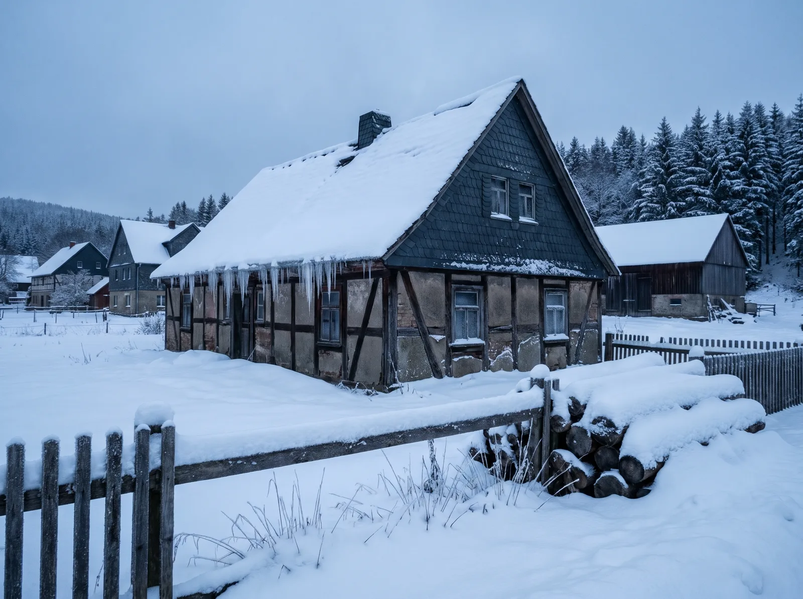 Verschneites Fachwerkhaus im Oberharz im Januar, die Fenster dunkel